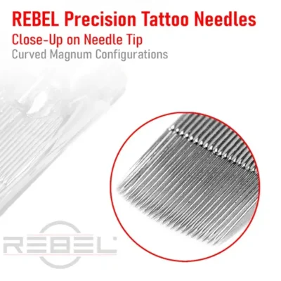Detailed macro of REBEL curved magnum tattoo needles showing rounded arc tip for smooth blending.