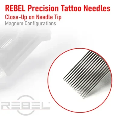 Close-up image of REBEL magnum tattoo needles arranged in dual-row z-pattern for smooth ink coverage.