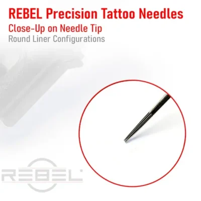 Close-up of REBEL round liner tattoo needles showing uniform taper and tight grouping.