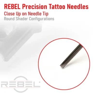 Detailed macro of REBEL round shader tattoo needles showing balanced grouping for smooth tonal shading.