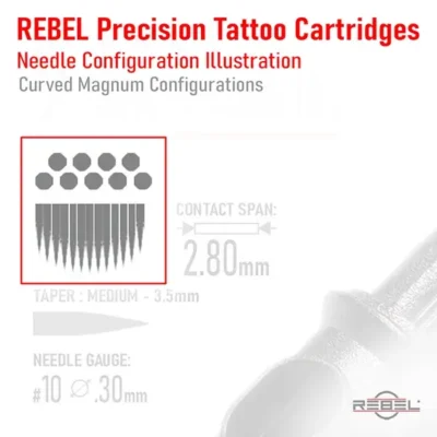 REBEL Precision Tattoo Cartridges – curved magnum needle configuration, dual-row arched needle group in red border