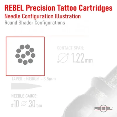 REBEL Precision Tattoo Cartridges – round shader needle configuration, 9-needle circular cluster highlighted in red border