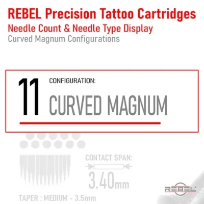 REBEL Precision Tattoo Cartridges product image – red border highlights needle count 11 and configuration name Curved Magnum