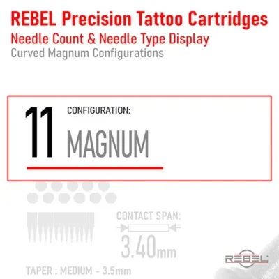REBEL Precision Tattoo Cartridges product image – red border highlights needle count 11 and configuration name Magnum