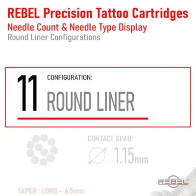 REBEL product image guide – red-bordered box highlights needle count 11 and configuration type Round Liner on cartridge label