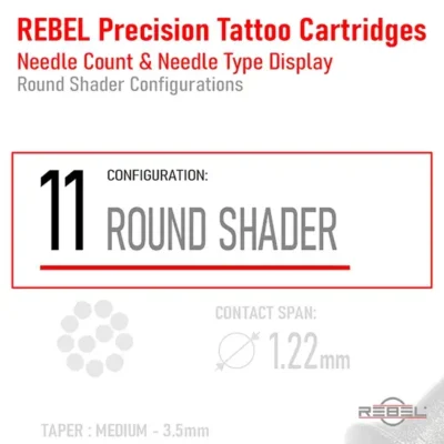 REBEL Precision Tattoo Cartridges product image – red border highlights needle count 11 and configuration name Round Shader