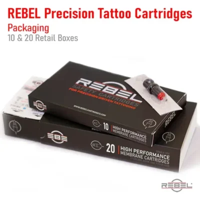 REBEL Precision Tattoo Cartridges retail packaging – 10-pc and 20-pc black drawer boxes stacked, single cartridge on top