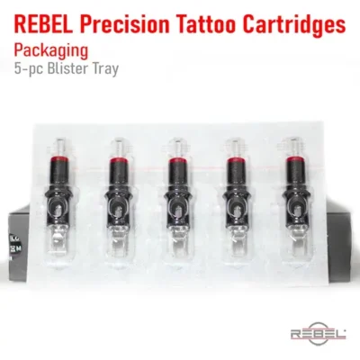 REBEL Precision Tattoo Cartridges 5-pc blister tray – five sealed cartridges with black housing and red membrane caps, hot-sealed medical packaging