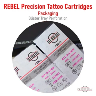 REBEL Precision Tattoo Cartridges blister tray perforation – REBEL logo, lot number, expiry date, sterilization icons