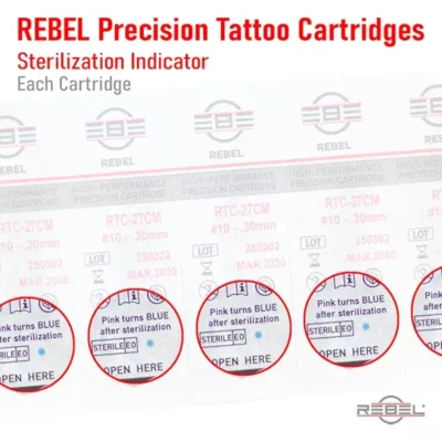 REBEL Precision Tattoo Cartridges blister tray – EO gas indicator dot per cartridge, pink turns blue, lot and expiry shown