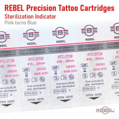 REBEL Precision Tattoo Cartridges blister – sterilization indicator pink turns blue, STERILE EO label, lot # and Expiry
