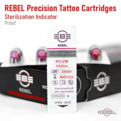 REBEL Precision Tattoo Cartridges blister label – RTC-27M #10 0.30mm, lot #, expiry, EO gas indicator dot visible