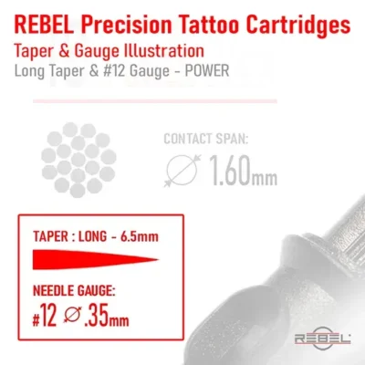 REBEL Precision Cartridges illustration highlighting long taper 6.5mm and #12 power 0.35mm needle gauge configuration.