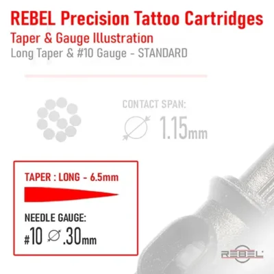 REBEL Precision Cartridges illustration displaying long taper 6.5mm and #10 standard 0.30mm needle gauge.