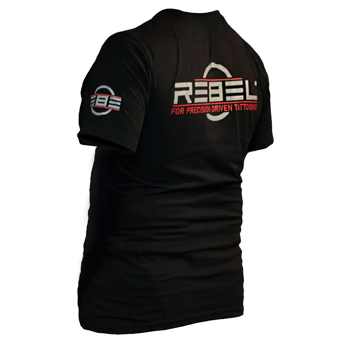 REBEL Precision Tee back left angle, REBEL logo and FOR PRECISION DRIVEN TATTOOING slogan, sleeve logo visible