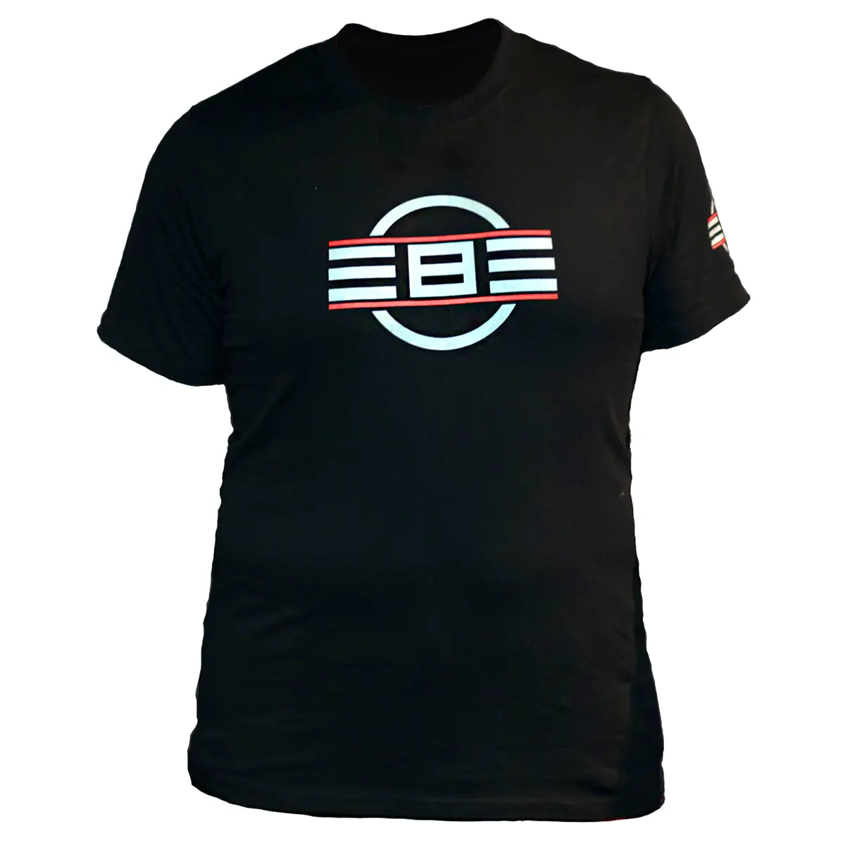 REBEL Precision Tee in black, front view, bold bi-color REBEL logo on chest, small shoulder print on left sleeve