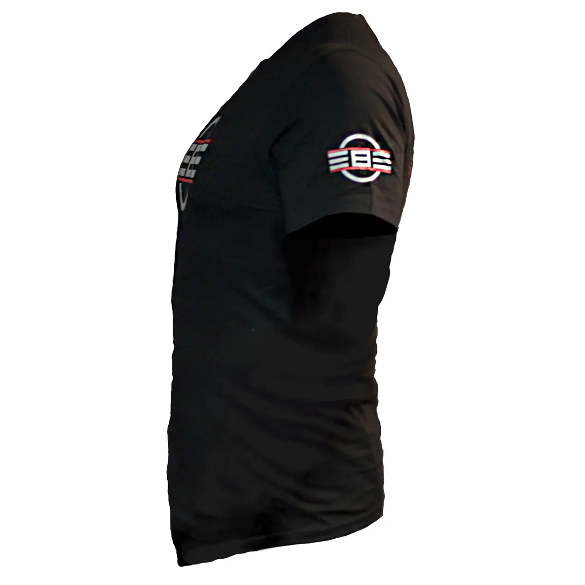 REBEL Precision Tee in black, left side view, REBEL logo on left sleeve clearly visible