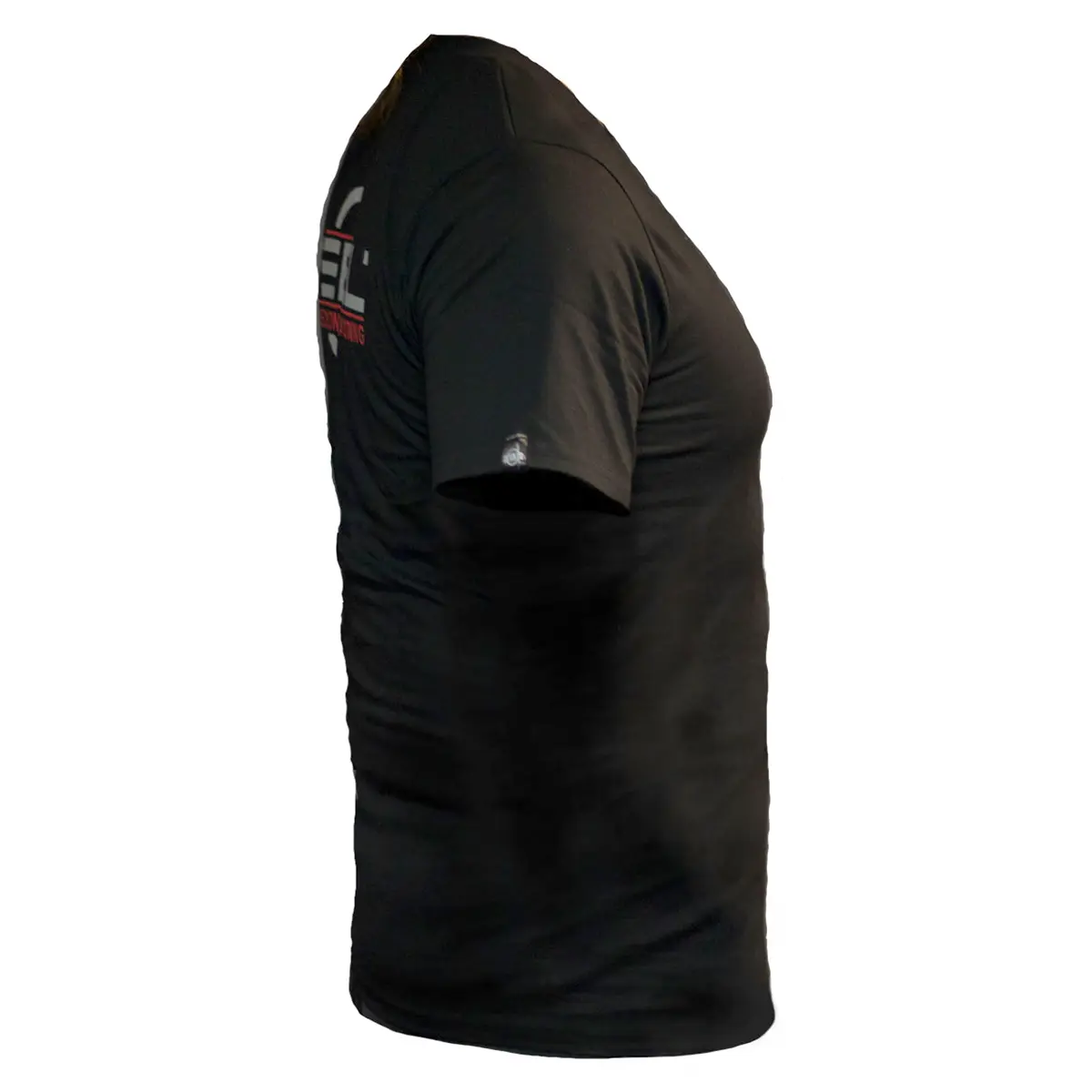 REBEL Precision Tee right side view, REBEL thread silk tab on right shoulder seam visible