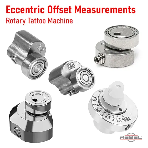 Rotary tattoo machine eccentric offset cam wheels showing different stroke length measurements from 1 mm to 4.5 mm — fixed and adjustable variants