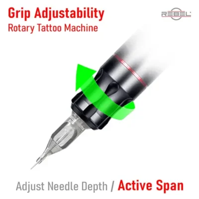 Rotary tattoo machine grip adjustability illustration — twisting grip to control needle depth and set Active Span within the machine's stroke range