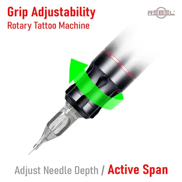 Rotary tattoo machine grip adjustability illustration — twisting grip to control needle depth and set Active Span within the machine's stroke range