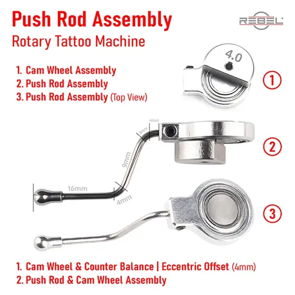Rotary tattoo machine push rod assembly — cam wheel with 4 mm eccentric offset, S-bend push rod with labeled dimensions, and top-view showing cam wheel and counter balance relationship