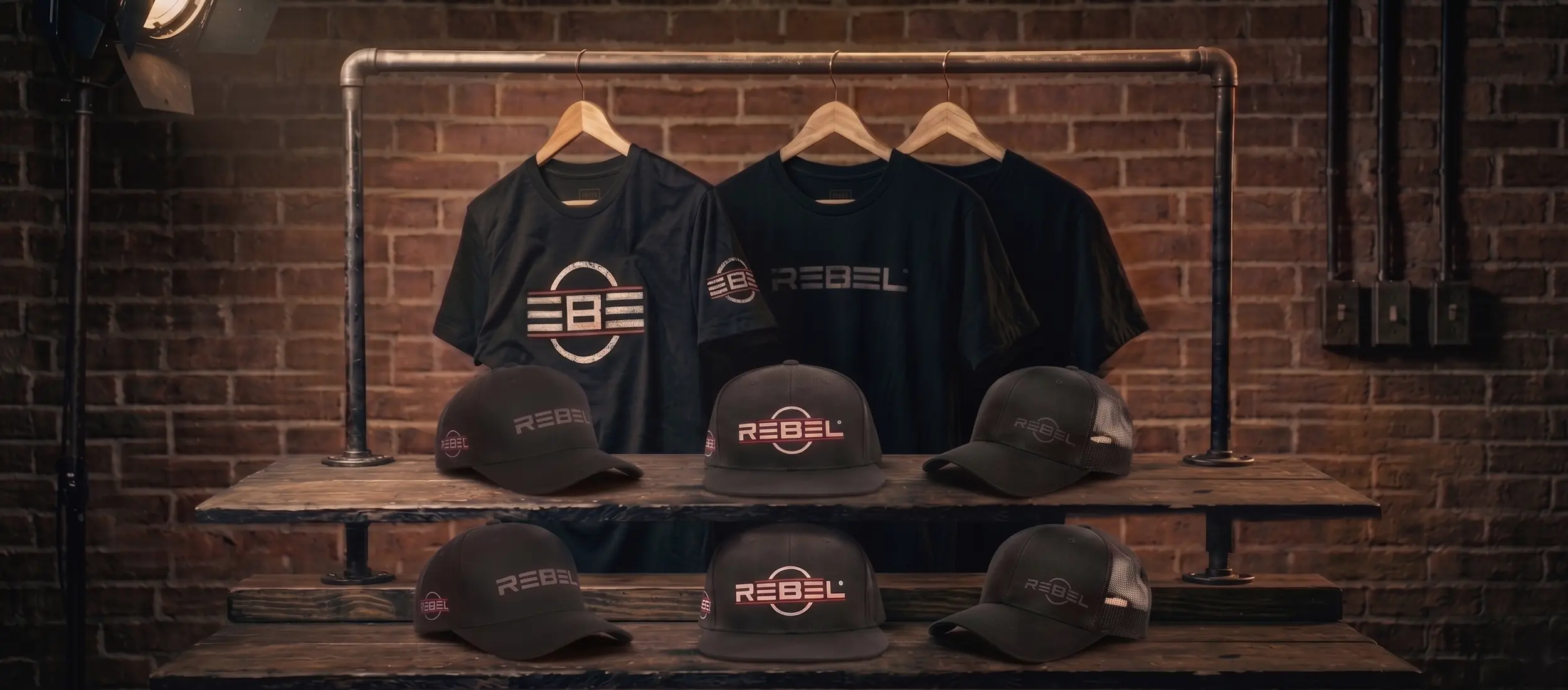 REBEL Tattoo Apparel collection with black T-shirts and hats on display rack