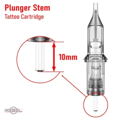 Tattoo cartridge plunger stem diagram showing 10 mm standard length — the component that receives push rod motion and transfers machine stroke to the needle grouping