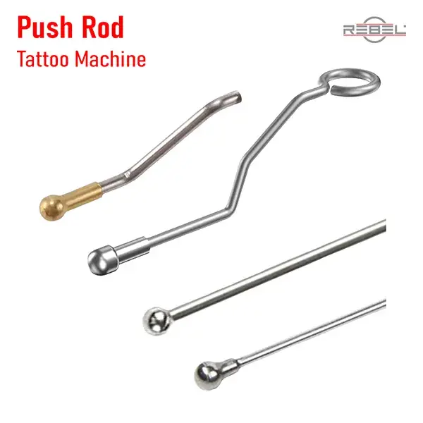 Tattoo machine push rod variations — S-bend, straight, and loop-end drive bars showing different designs used to transfer eccentric offset motion to the cartridge plunger stem