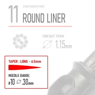 Closeup of REBEL Standard Round Liner cartridge label showing needle type name, taper type, and gauge details