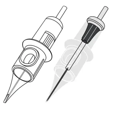 Tattoo cartridge anatomy diagram — cutaway view showing housing, membrane, and needle bar alongside a full assembled cartridge cross-section