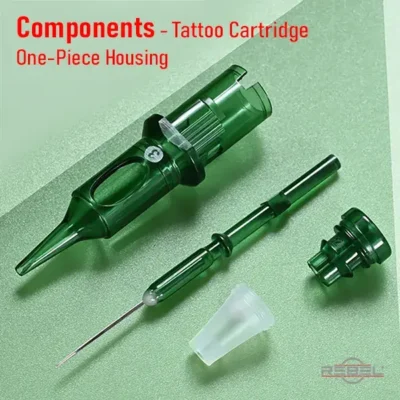 Tattoo cartridge components exploded view with one-piece green housing, plunger assembly, membrane cap, and needle grouping by REBEL
