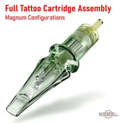 Full tattoo cartridge assembly with magnum needle configuration in green one-piece housing and yellow membrane cap by REBEL