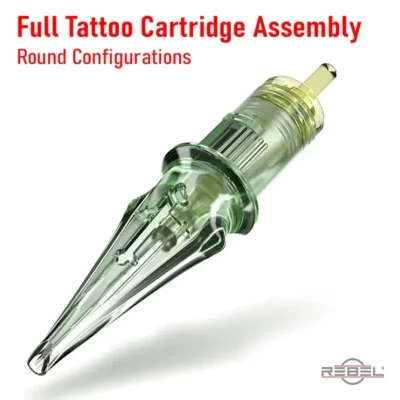 Full tattoo cartridge assembly with round needle configuration in green one-piece housing and yellow membrane cap by REBEL