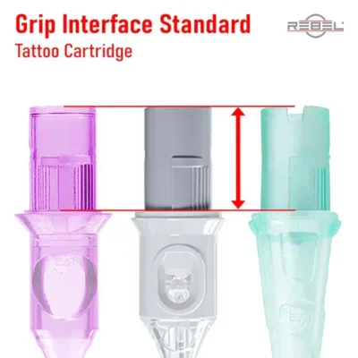 Tattoo cartridge grip interface standard dimensions shown across three different brand housings in pink, gray, and teal by REBEL