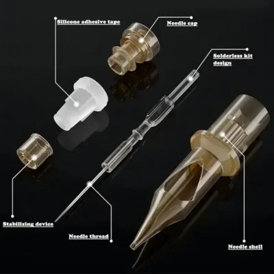 Amateur tattoo cartridge diagram mislabeling components as silicone adhesive tape, needle cap, needle thread, needle shell, and solderless kit design
