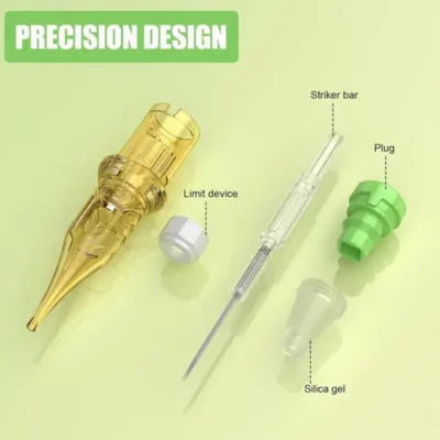 Amateur tattoo cartridge diagram mislabeling components as striker bar, plug, limit device, and silica gel instead of correct industry terms