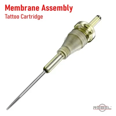 Tattoo cartridge membrane assembly showing membrane cap, membrane, plunger, and needle head combined by REBEL