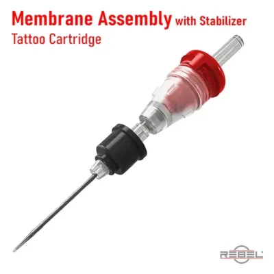 Tattoo cartridge membrane assembly with black stabilizer and red membrane cap showing full sub-assembly before housing insertion by REBEL