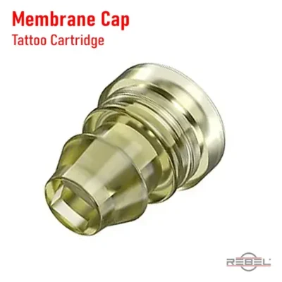 Isolated tattoo cartridge membrane cap in yellow-tinted translucent material sealing the cartridge chamber by REBEL
