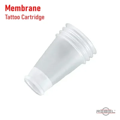 Isolated tattoo cartridge silicone membrane showing truncated cone shape and collar rings for needle retraction and backflow prevention by REBEL