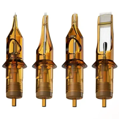 Four tattoo cartridges showing needle type variations: round liner, round shader, regular magnum, and curved magnum in amber translucent housing