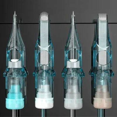 Four tattoo cartridges showing needle type variations: round liner, round shader, regular magnum, and curved magnum in teal translucent housing