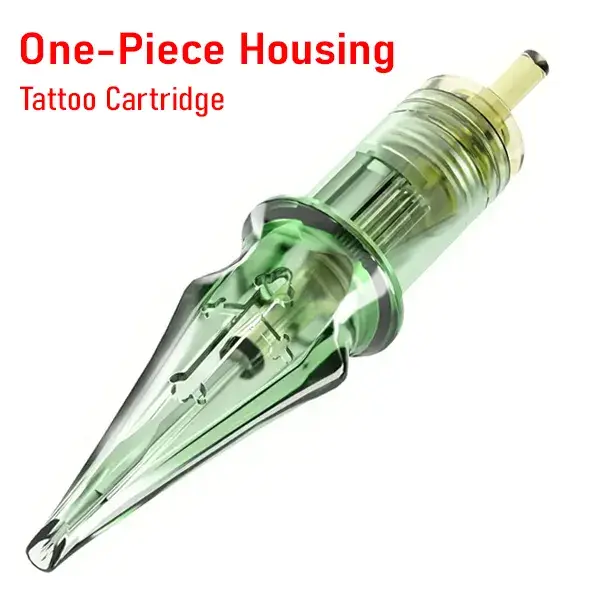 Tattoo cartridge with one-piece transparent housing showing internal needle and plunger rod assembly