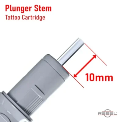 Tattoo cartridge plunger stem showing 10mm standard length measurement for pushrod contact by REBEL
