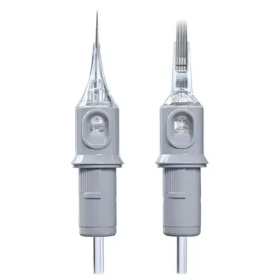 Front view of gray tattoo cartridges with round liner and round magnum needle groupings