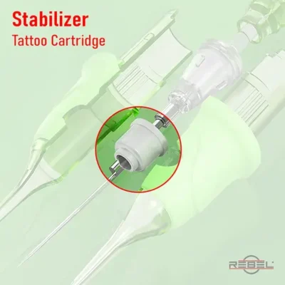 Tattoo cartridge exploded view with stabilizer highlighted inside assembly showing positioning around needle grouping by REBEL