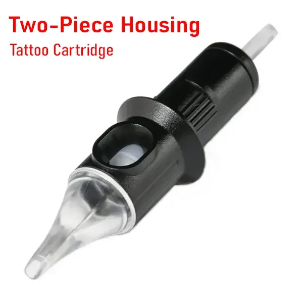 Tattoo cartridge with two-piece black opaque housing showing separate grip body and clear tip assembly