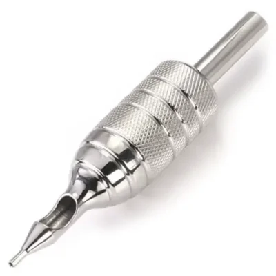 Vintage one-piece steel tattoo tube and grip — knurled ribbed grip, integrated open liner tip