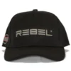 Front view of REBEL classic curve Black hat displaying the metallic silver 4" wide centered front 3D embroidery logo and solid back panels